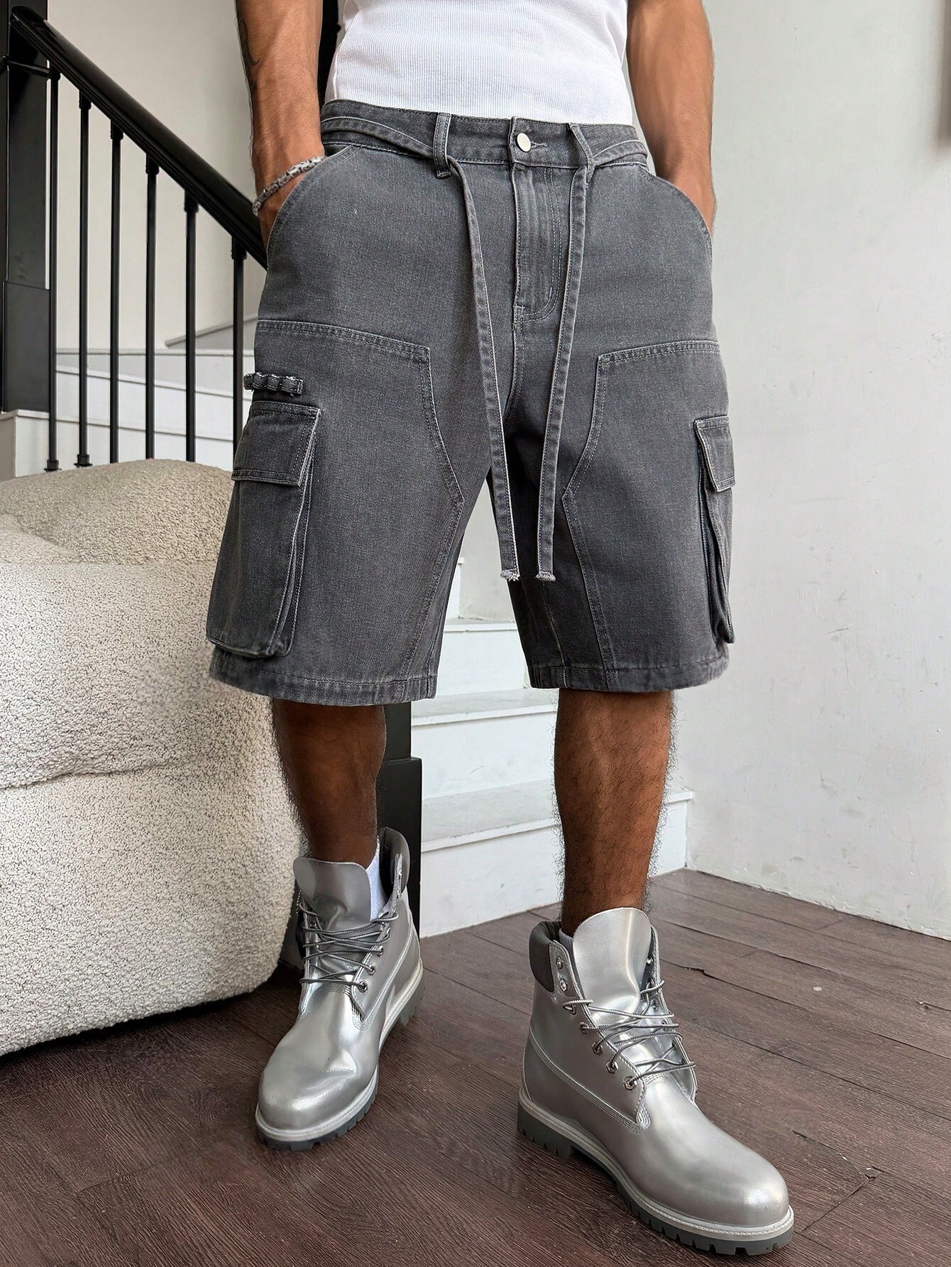 Streetwear Brand Pants - Men Grey Washed Cargo Denim Shorts