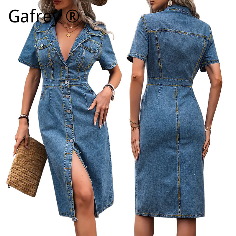 Streetwear Brand Pants - Plus Size Women Lapel Denim Dress