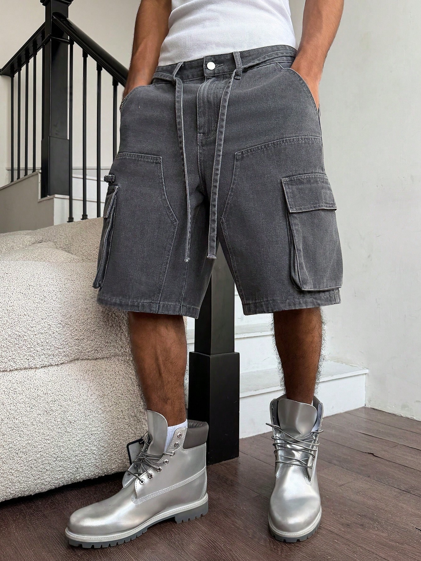 Men Grey Washed Cargo Denim Sh - đánh giá và giá Streetwear Brand Pants